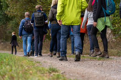 Nahaufnahme von mehreren Beinen, die auf einem Waldweg wandern.