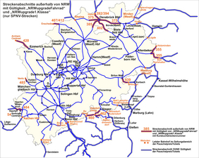 Karte der Streckenabschnitte außerhalb von NRW mit Gültigkeit "NRWupgradeFahrrad" und "NRWupgrade1.Klasse" (nur SPNV-Strecken)