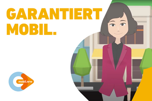 Thumbnail des Erklärvideos zur Mobilitätsgarantie NRW, auf dem eine illustrierte Frau auf einer Straße steht. Daneben steht der Text "Garantiert mobil."
