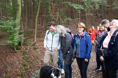 Eine Gruppe von Wanderern mit Hund steht im Herbstwald und lacht.