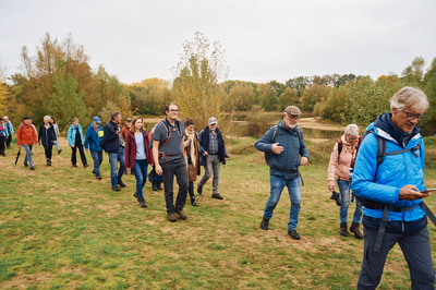 Eine Gruppe von mehreren Menschen wandert über einen herbstlichen Feldweg bei Emsdetten.